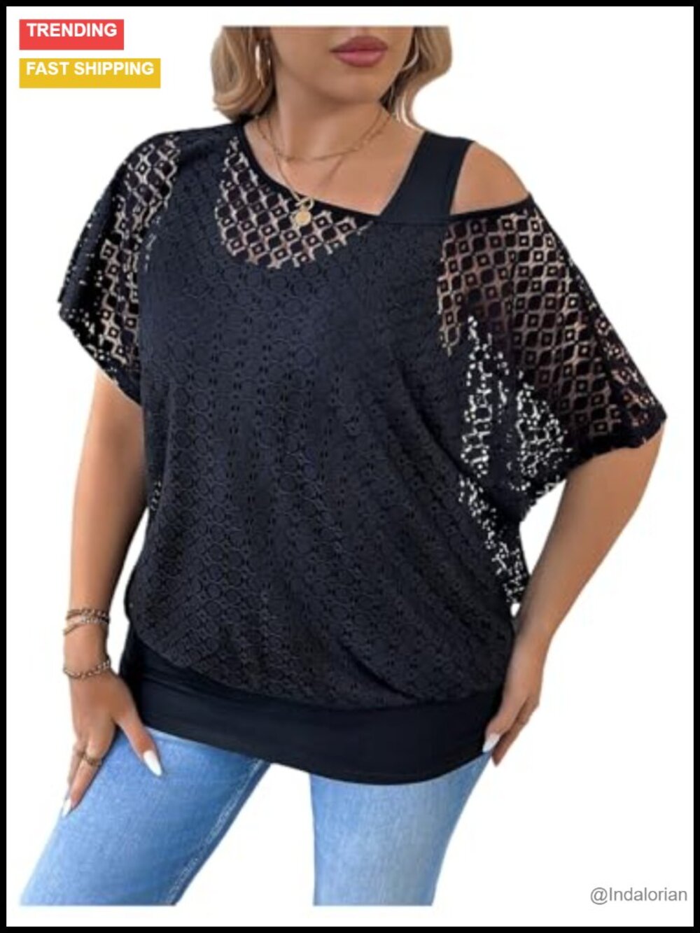 Plus Size Lace T Shirt Cold Shoulder 2 in 1 Casual Tee